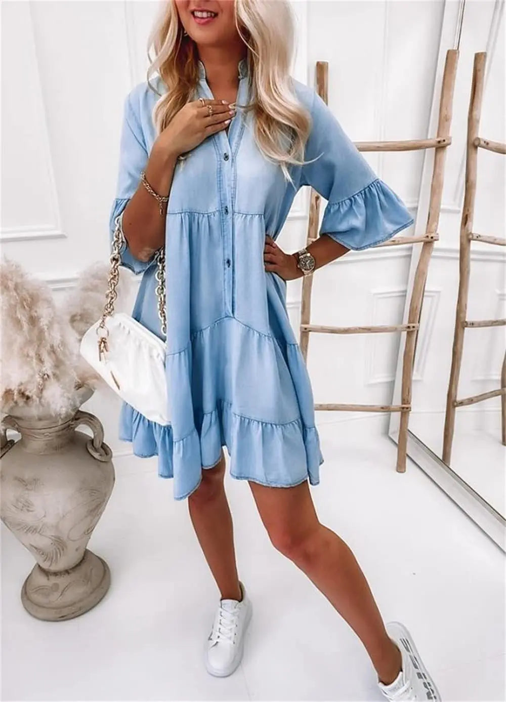 Vivian™ – Denim Dress with Ruffles_001