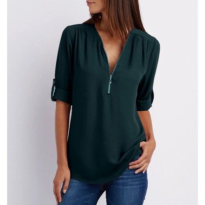 Stylish V-Neck Zipper Blouse