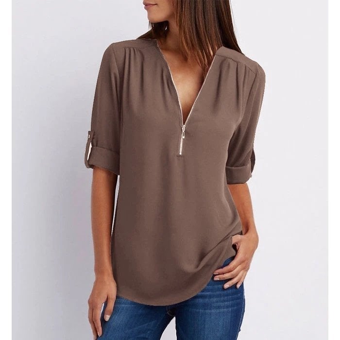 Stylish V-Neck Zipper Blouse