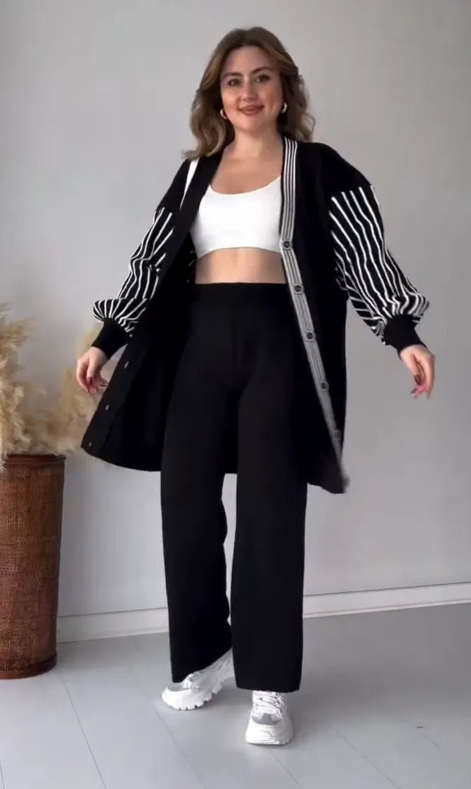 Laura™ | Striped Sleeve Button Cardigan Set