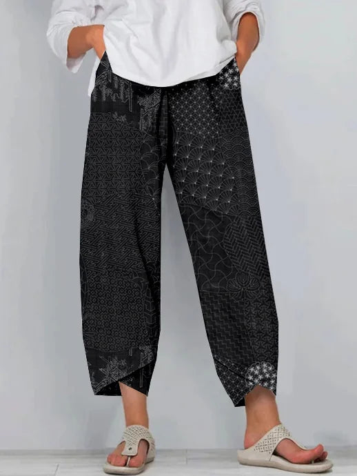 Sashiko Art Cropped Casual Pants