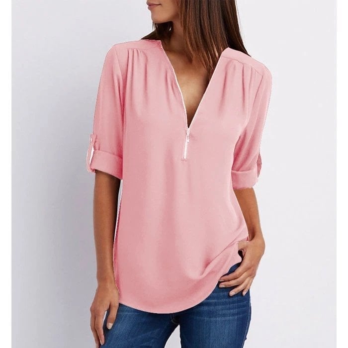 Stylish V-Neck Zipper Blouse