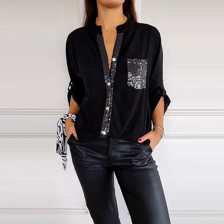 V-neck Sequin Pocket Top