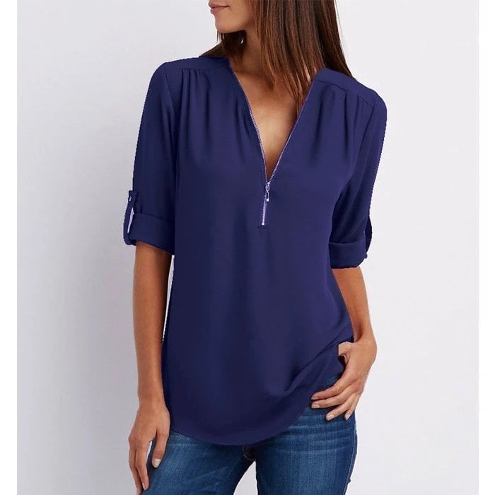 Stylish V-Neck Zipper Blouse