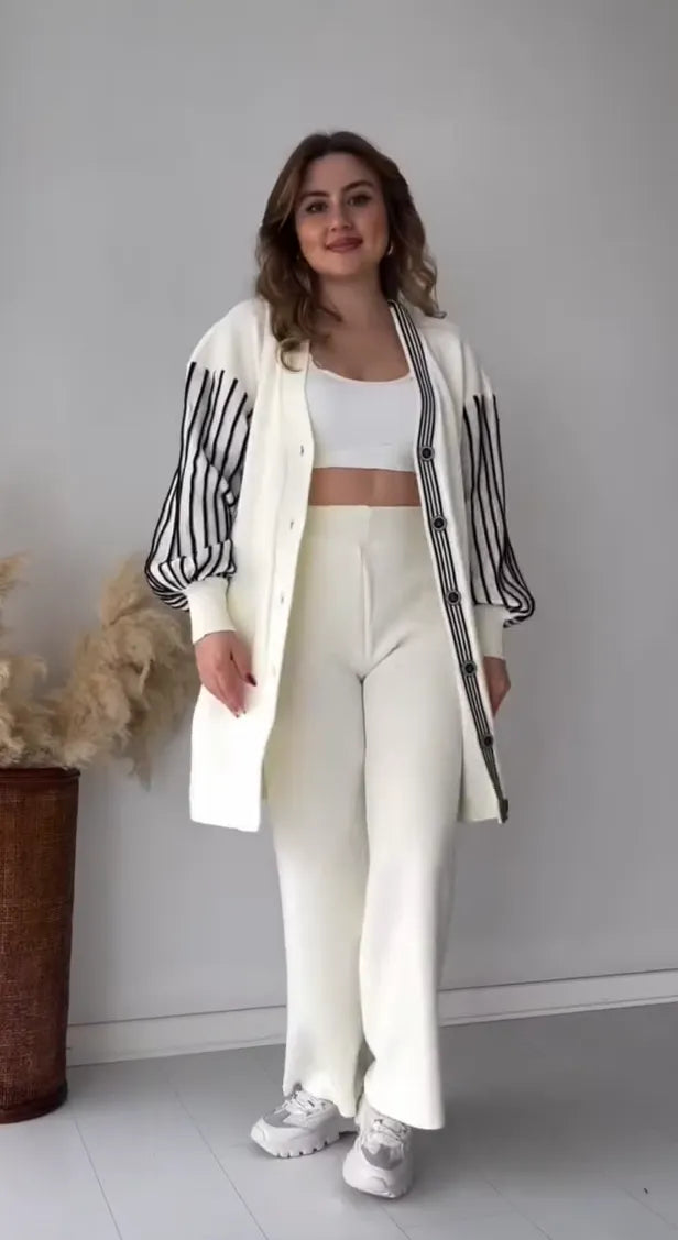 Laura™ | Striped Sleeve Button Cardigan Set