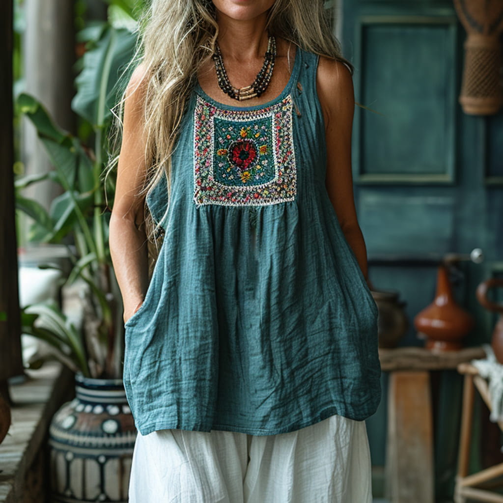 Bohemian Embroidered Sleeveless Dress