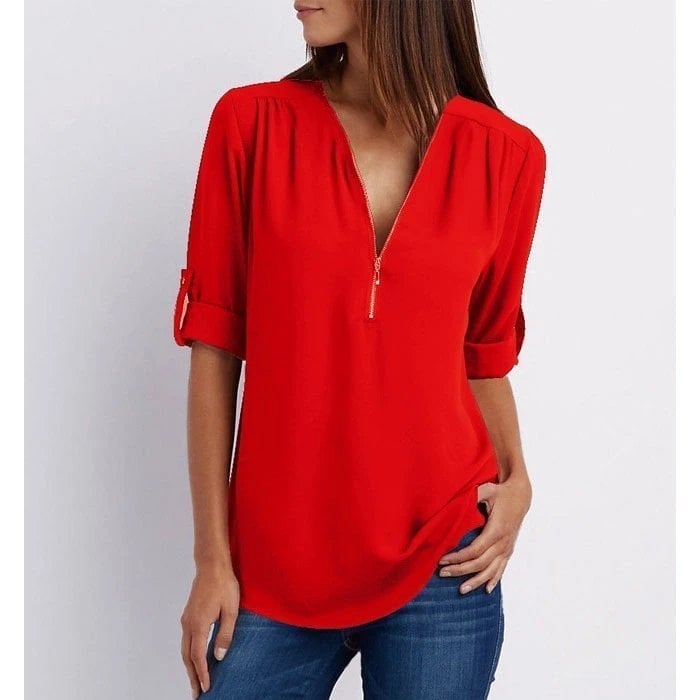 Stylish V-Neck Zipper Blouse