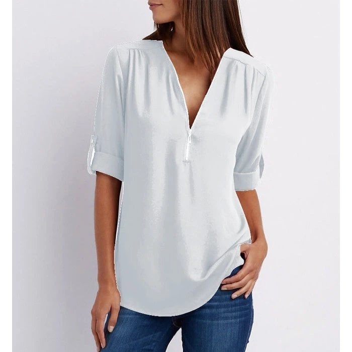 Stylish V-Neck Zipper Blouse