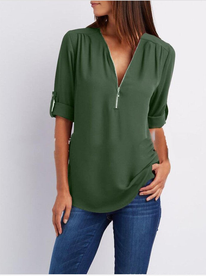 Stylish V-Neck Zipper Blouse