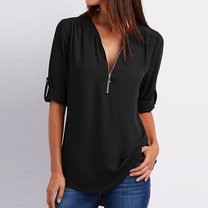 Stylish V-Neck Zipper Blouse