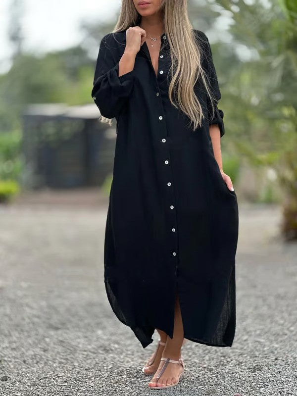 Cotton-Linen Long Sleeve Midi Shirt Dress