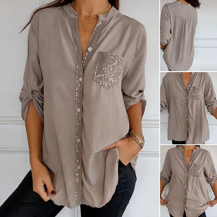 V-neck Sequin Pocket Top