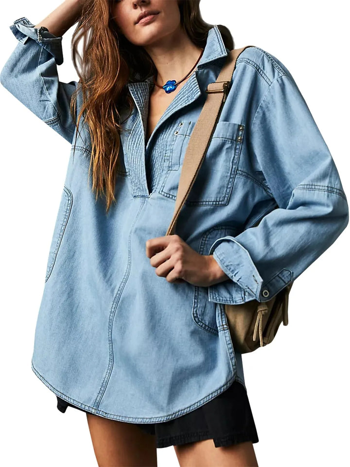 Perfect V-Neck Denim Shirt_Blue