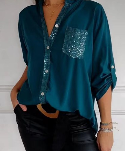 V-neck Sequin Pocket Top