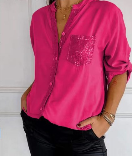 V-neck Sequin Pocket Top