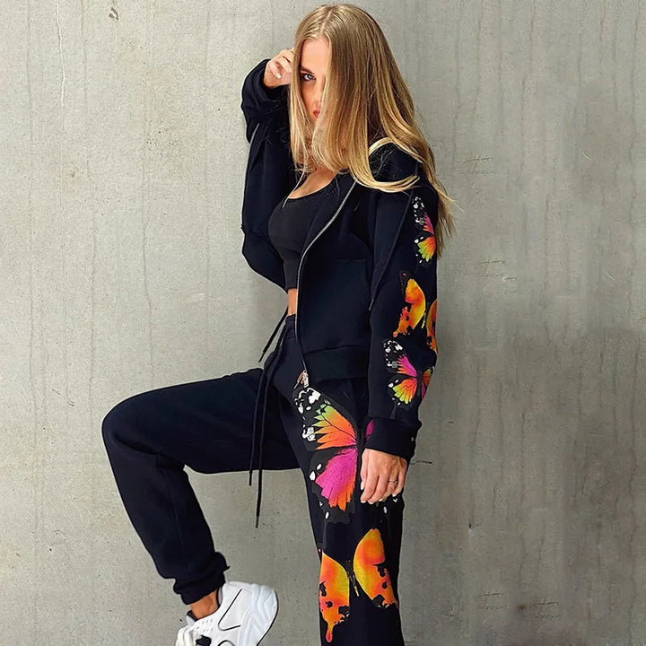 Butterfly Print Hoodie Jacket Sets_Black