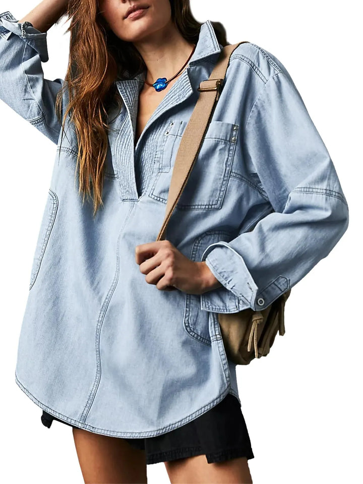 Perfect V-Neck Denim Shirt_Light Blue