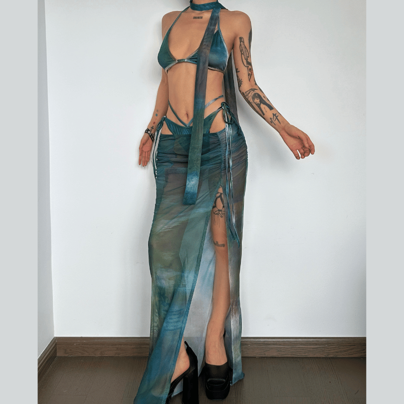 Mesh Tie-Dye Halter Backless Slit Set