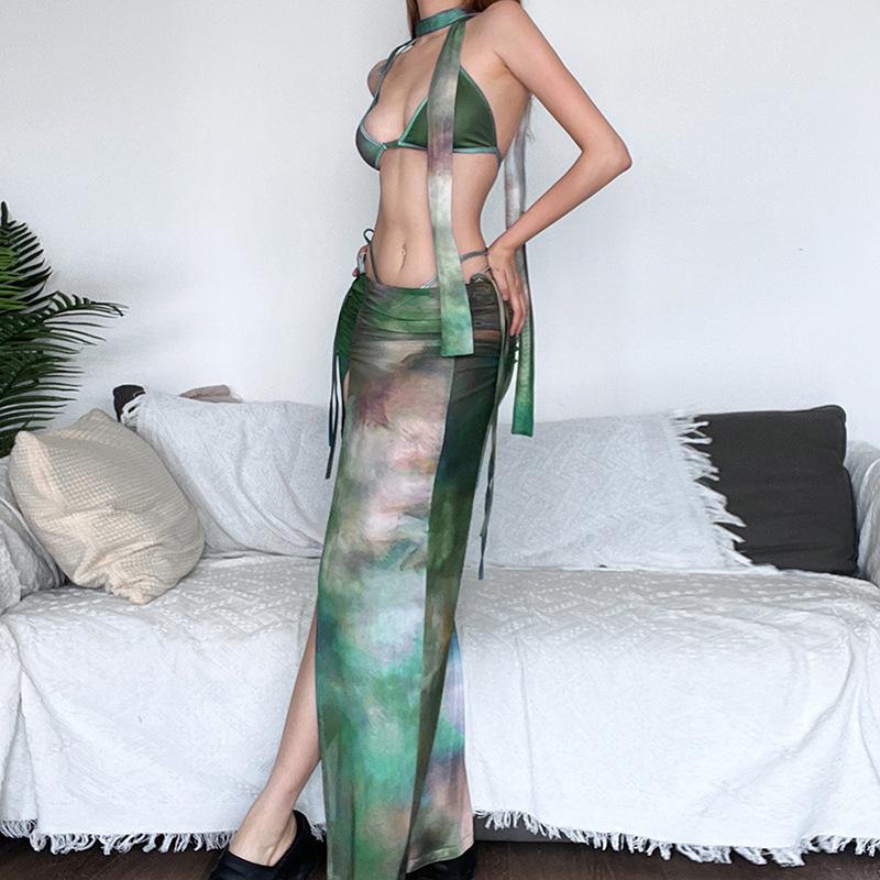 Mesh Tie-Dye Halter Backless Slit Set_005