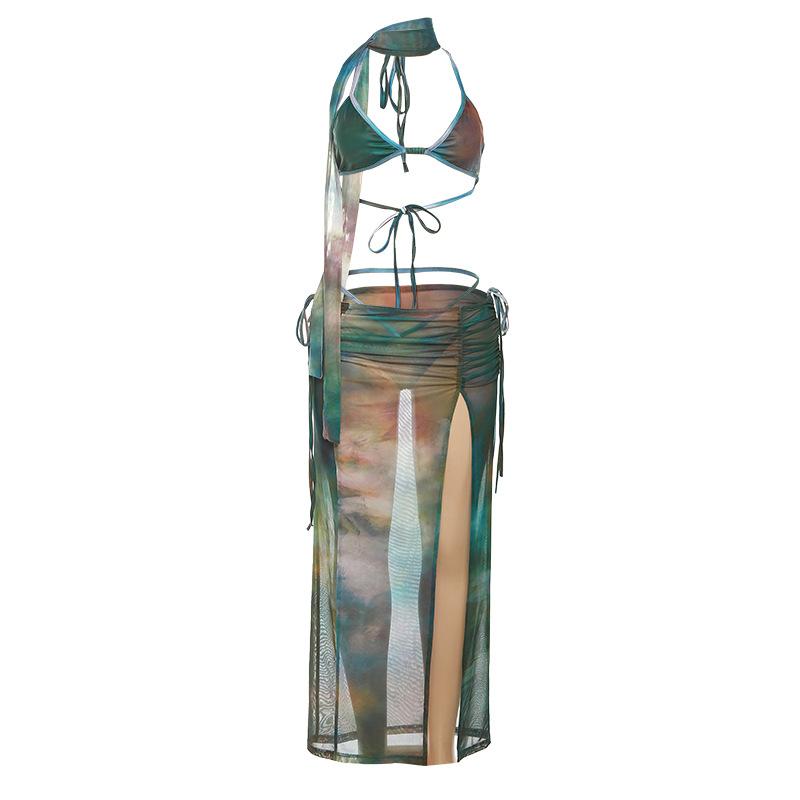 Mesh Tie-Dye Halter Backless Slit Set_006