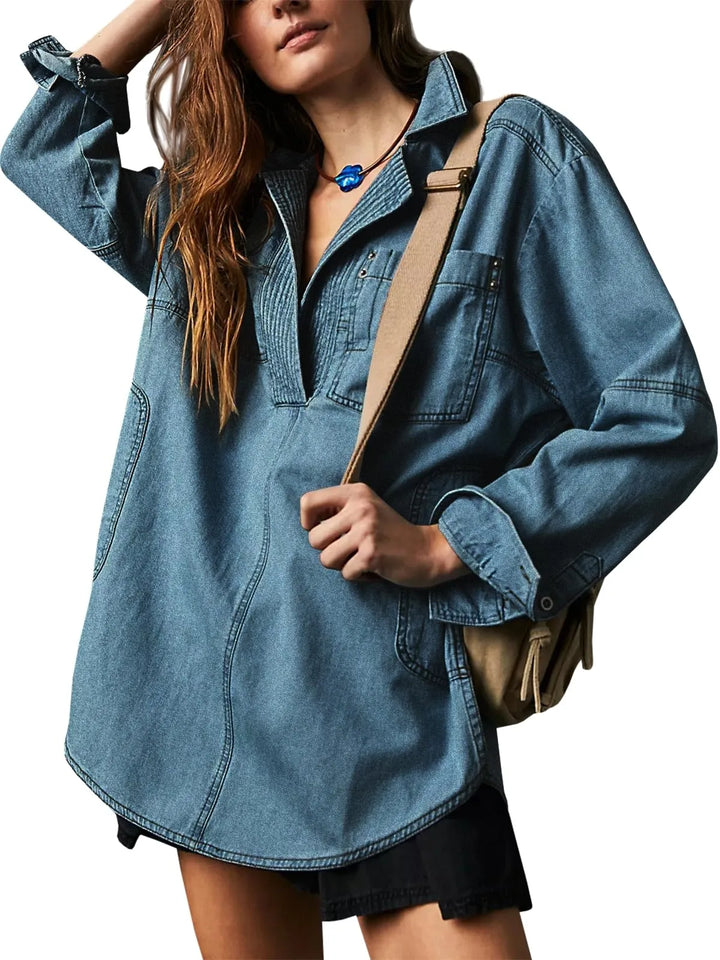 Perfect V-Neck Denim Shirt_NavyBlue