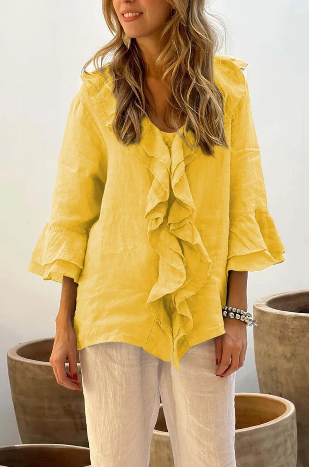 Ruffled Cotton Linen 3/4 Sleeves Shirt