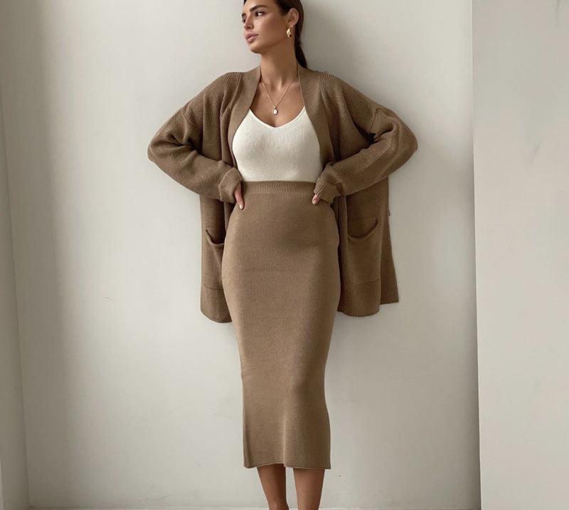 Modern Knitted Skirt and Cardigan Set_Khaki