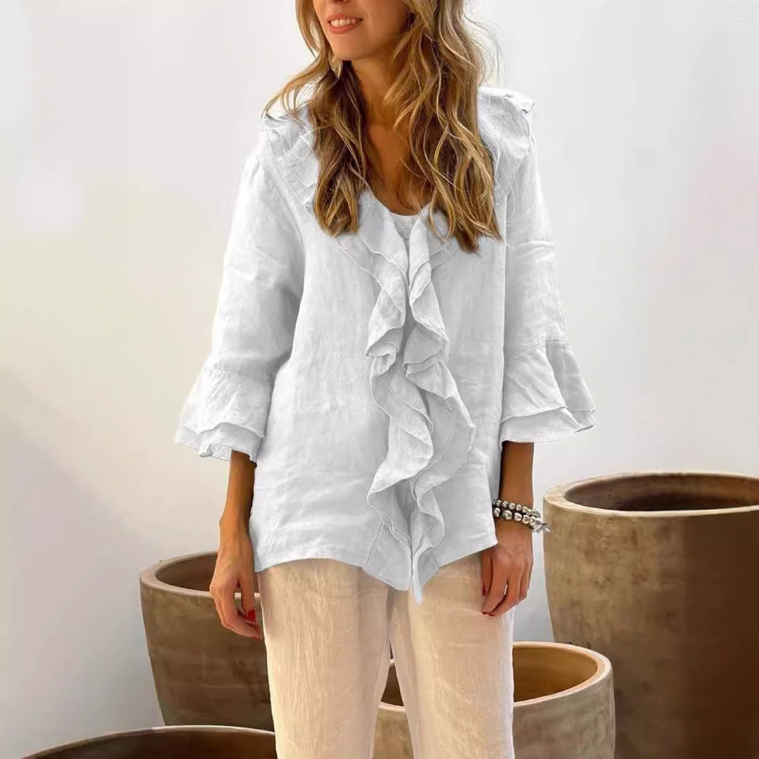 Ruffled Cotton Linen 3/4 Sleeves Shirt