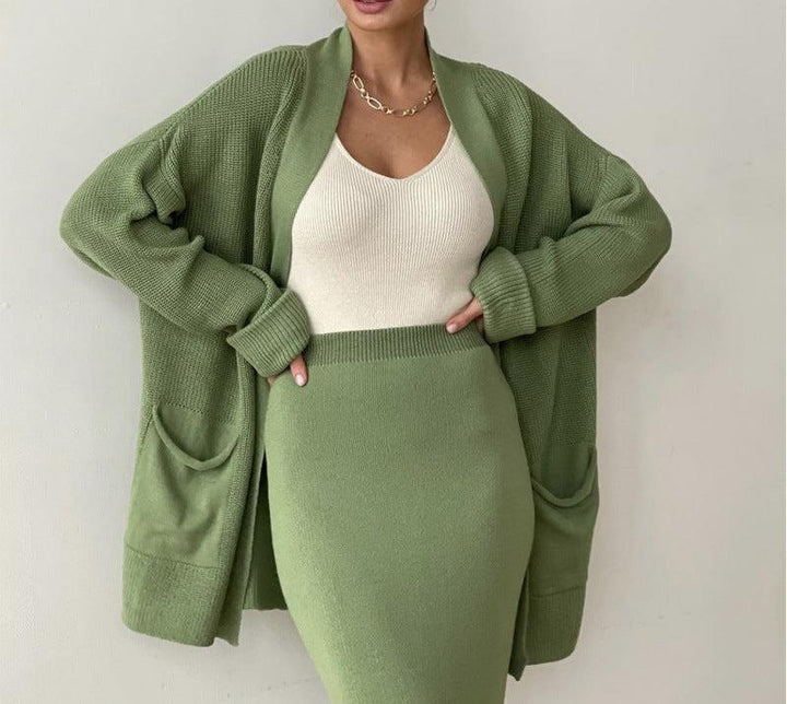 Modern Knitted Skirt and Cardigan Set_Green