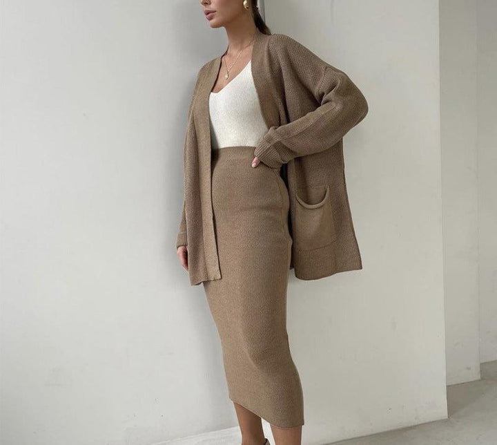 Modern Knitted Skirt and Cardigan Set_Khaki02