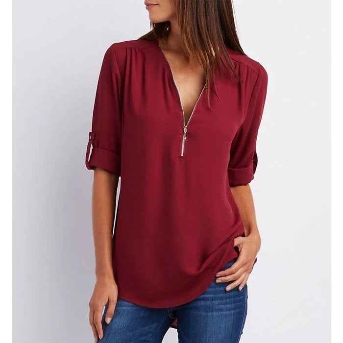 Stylish V-Neck Zipper Blouse