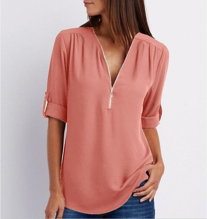 Stylish V-Neck Zipper Blouse