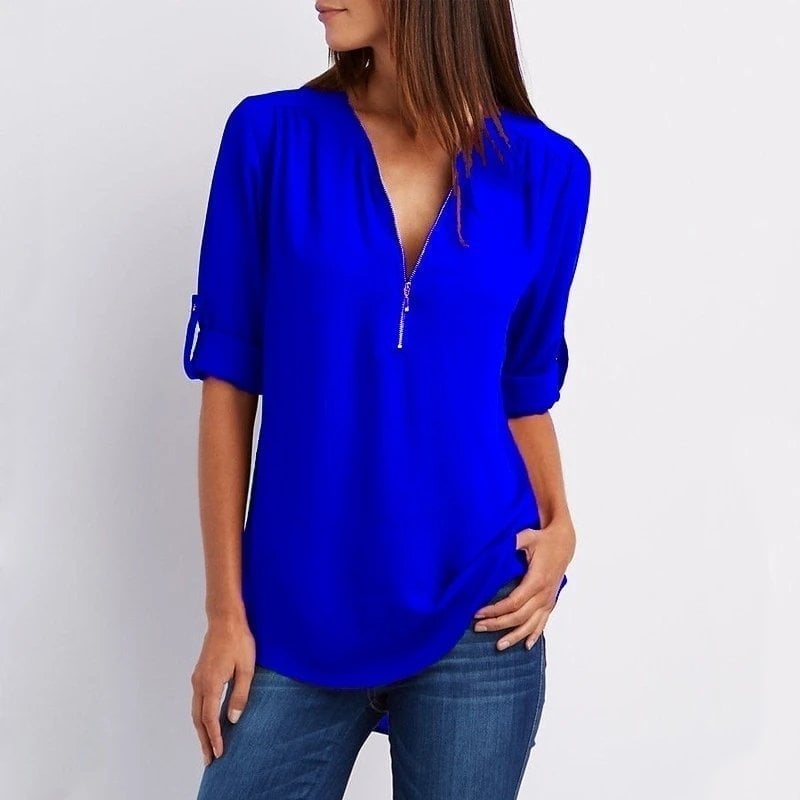 Stylish V-Neck Zipper Blouse