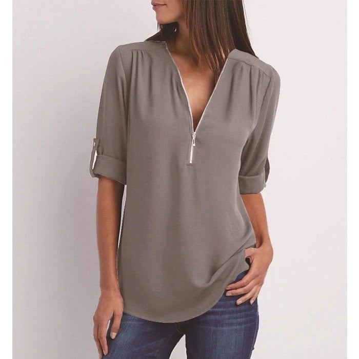 Stylish V-Neck Zipper Blouse