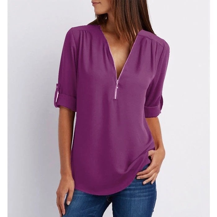 Stylish V-Neck Zipper Blouse