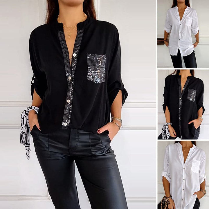 V-neck Sequin Pocket Top