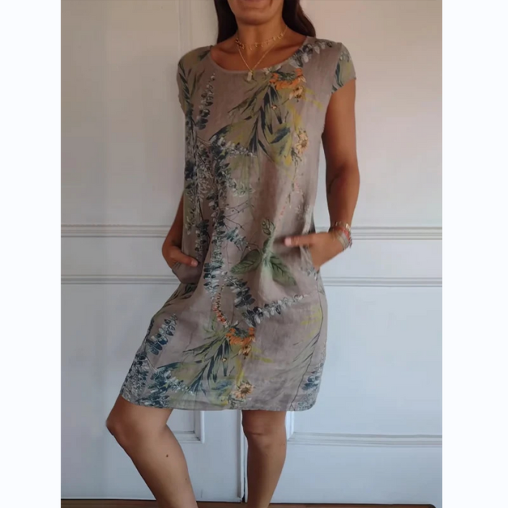 Everest Dress with Botanical Print_Khaki