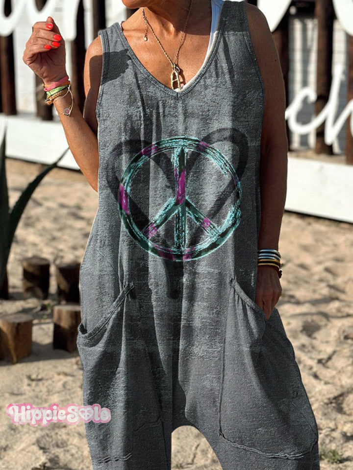 Symbol Pattern Hippie Art Print Casual 100% Cotton Wide Leg Jumpsuit