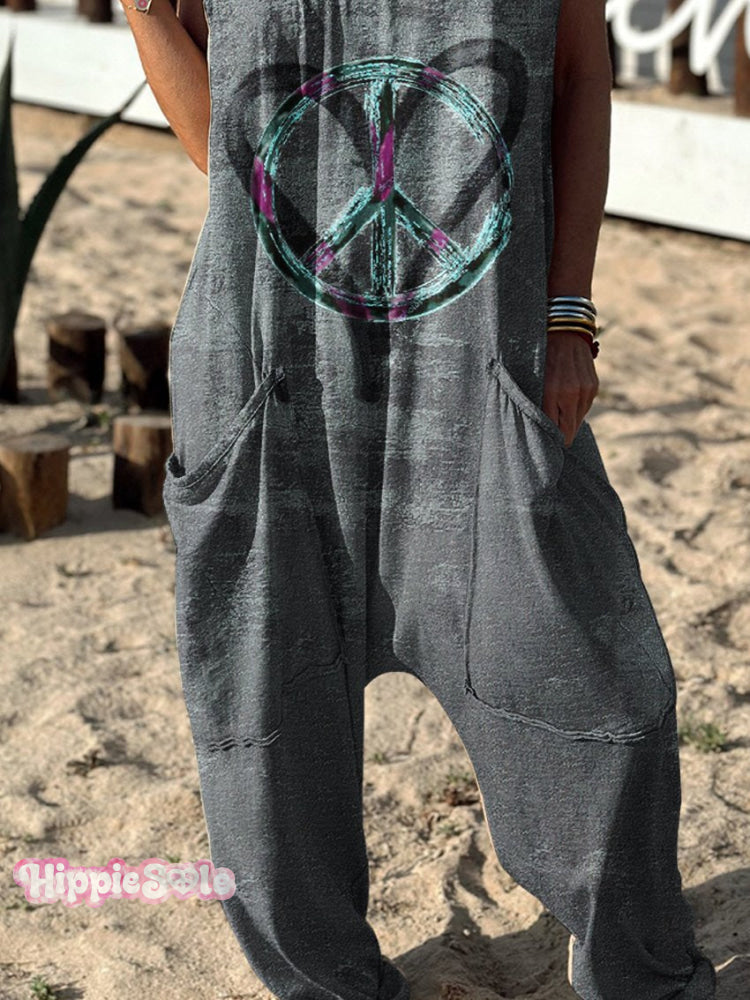 Symbol Pattern Hippie Art Print Casual 100% Cotton Wide Leg Jumpsuit