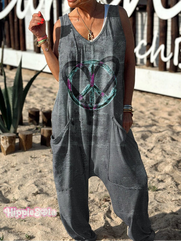 Symbol Pattern Hippie Art Print Casual 100% Cotton Wide Leg Jumpsuit