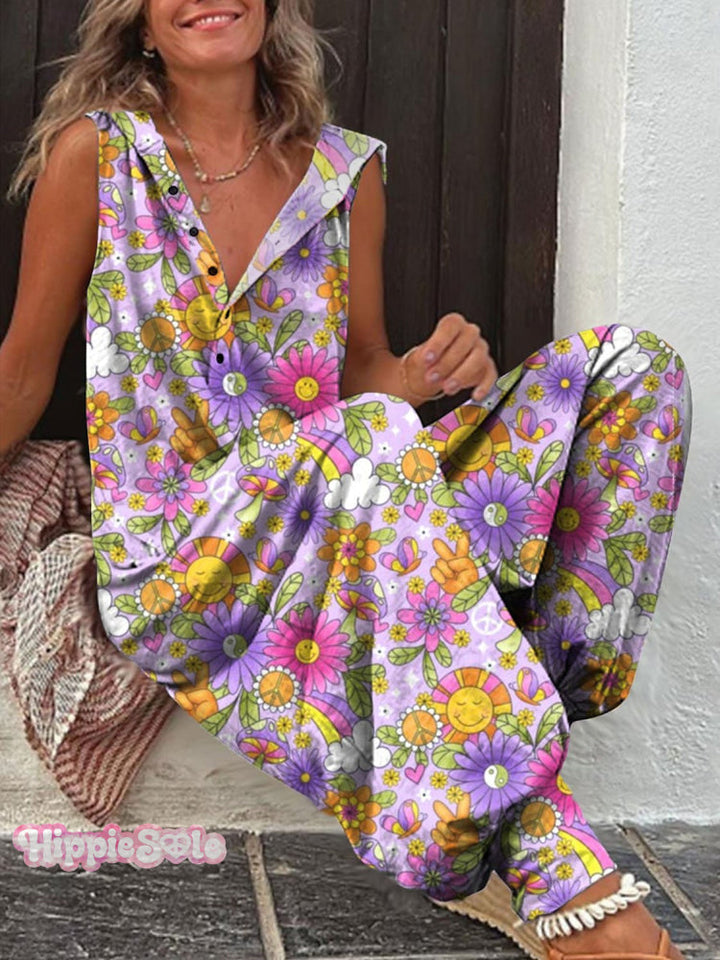 Women's Retro Hippie Floral Print Wide Leg Jumpsuit