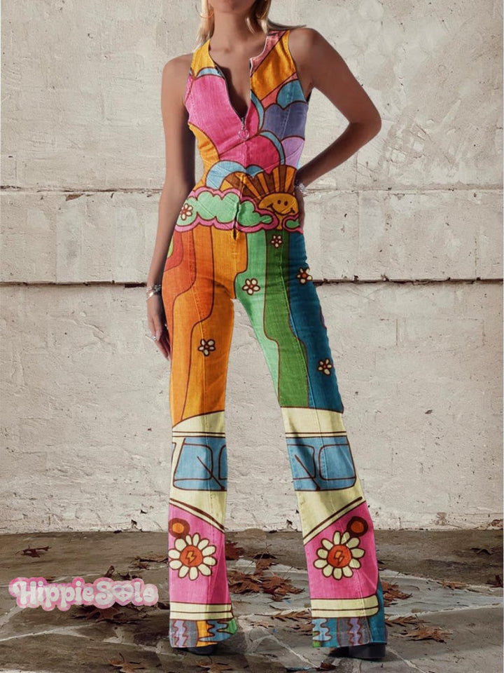 Women's VINTAGE HIPPIE CAMPER VAN Print Casual Denim Jumpsuit